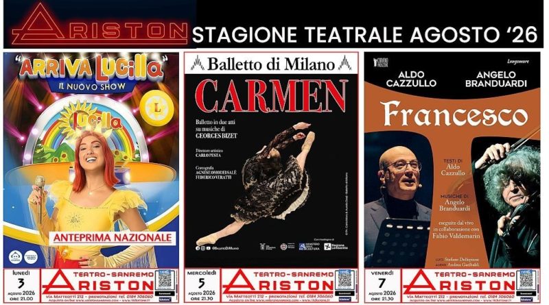 ARISTON SANREMO – GLI SPETTACOLI DEL MESE DI AGOSTO 2026